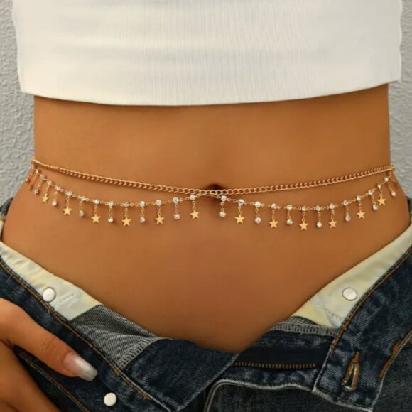 Gold Star Rhinestone Chain Waist Body Jewelry - Picture 2 of 7